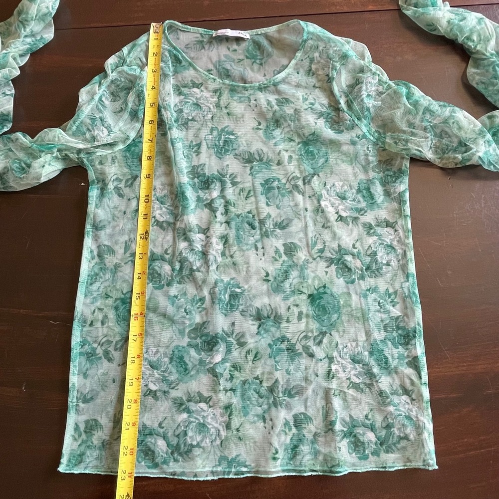 Zara Green Floral Rose Mesh Sheer Ruched Sleeve Top Womens Medium M - Picture 5 of 5
